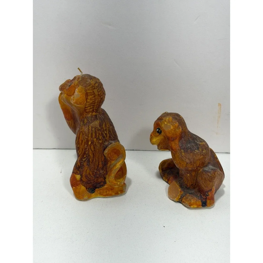 Vintage Monkey Figural Wax Candles Set of 2‎ Brown Orange Primitive Kitsch Decor